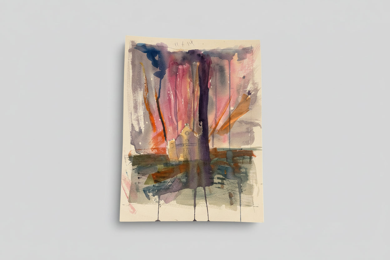 A abstract mixed media artwork on paper titled 'Church light' displayed on a wall, with a window behind it and plants beside it.