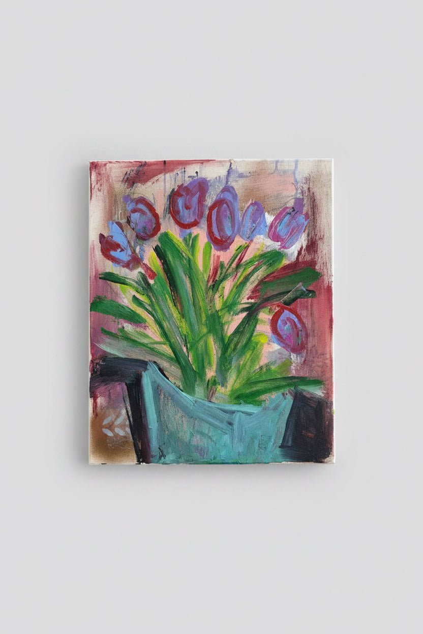 Blue Pitcher of Tulips - Angela Reed - Mixed media on canvas 1415 - The Artful