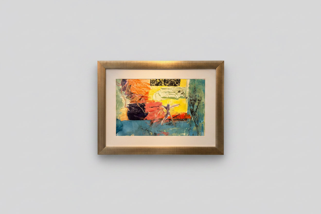 Framed abstract painting with colorful brush strokes on a beige wall