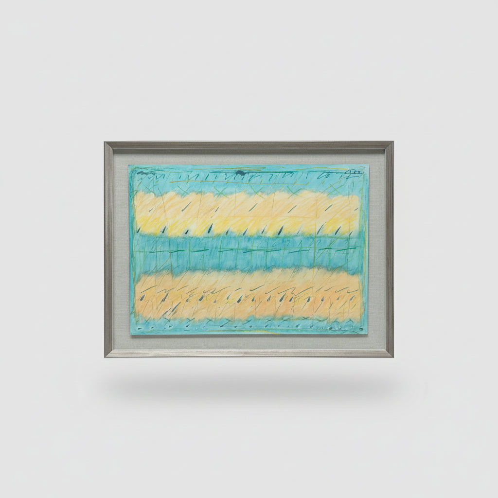 A framed mixed media artwork titled 'Whispers of the Wind' featuring layers of paper in blue and yellow hues, displayed on a wooden floor next to a black sculpture.