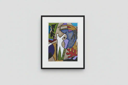 A framed mixed media artwork featuring abstract and figurative elements, displayed in a home setting with a view of a cityscape through the window.