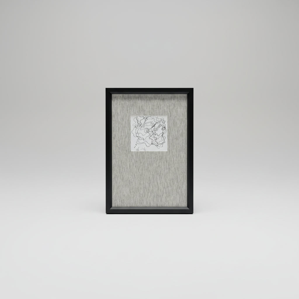 A framed artwork featuring a white scribble face on a black background, placed on a wooden surface with a plant in the background.