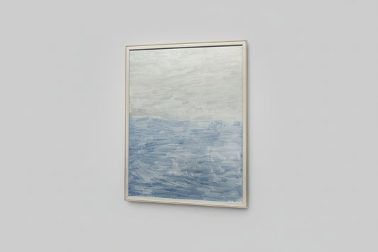An acrylic on panel painting featuring a water scene, framed and displayed on a wall above a wooden bench with plants.