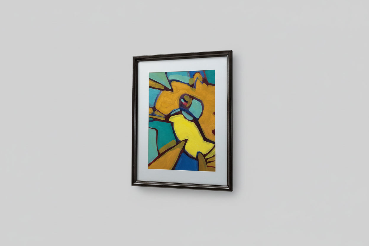 A vibrant mixed media artwork on paper displayed in a custom frame, with bold colors and abstract textures.