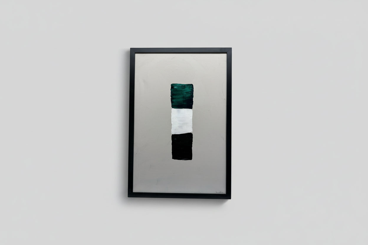 An abstract acrylic painting on canvas, displayed in a room with a reflective wall and green plant decor.