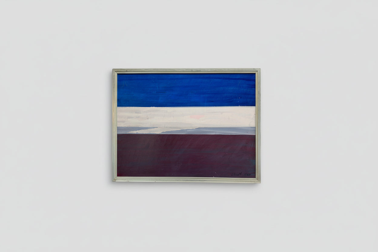 A framed painting with predominantly blue and red horizontal bands, hanging on a wall.