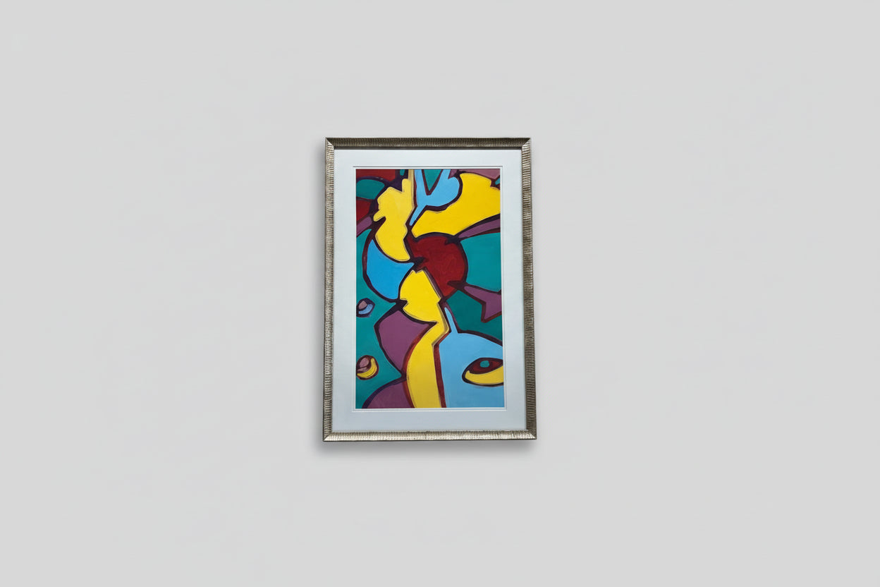 A vibrant mixed media artwork titled 'Chromatic Harmony' by Wayne Cunningham, displayed in a custom frame, with bold colors and abstract pattern.