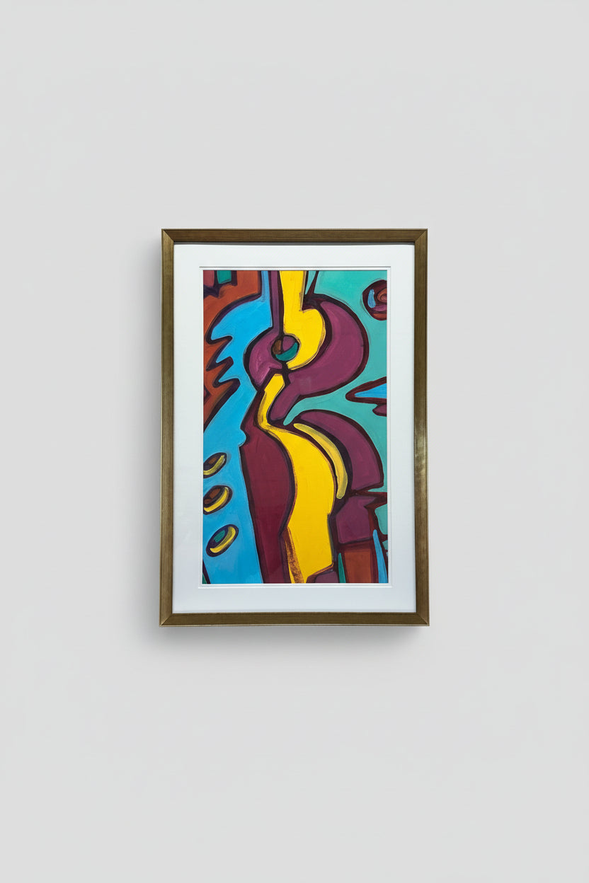 A framed abstract artwork featuring a blend of colors, displayed on a wall above a mantlepiece with a window in the background.