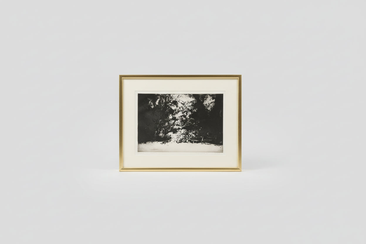 Framed etching artwork displayed on a shelf with a black and white image of tree branches.