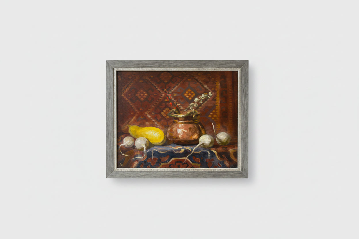 An oil on canvas artwork featuring a still life with turnips, textiles, and a pot, framed in a wooden frame, displayed on a wall in a bright room with plants and a window.