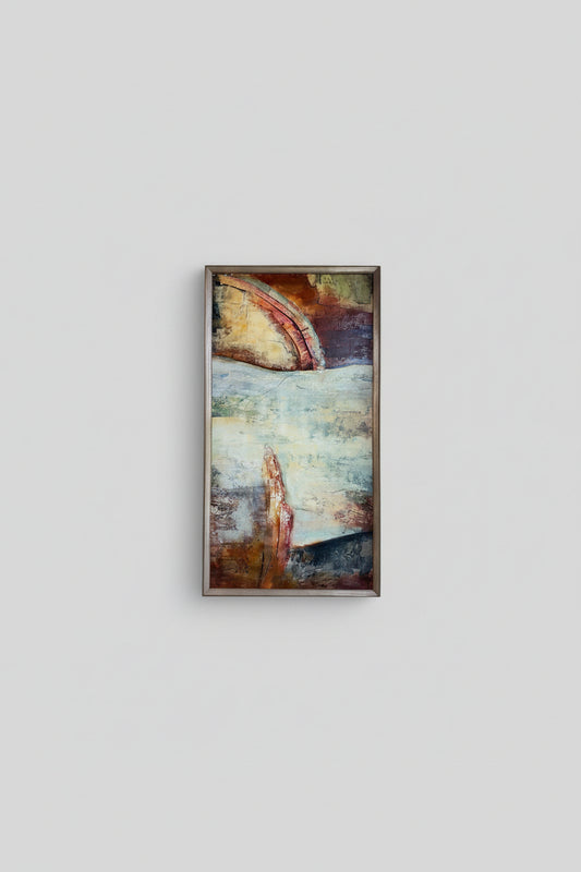 An oil and mixed media artwork on canvas titled 'This Creation' by Nacy NGO, displayed in a room with a custom frame, alongside plants and a window with light coming in.